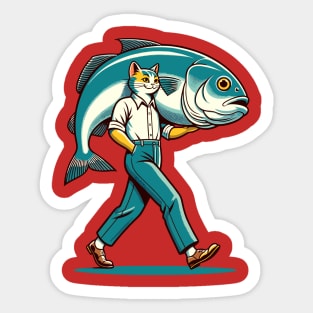 Cat carrying a large fish Sticker